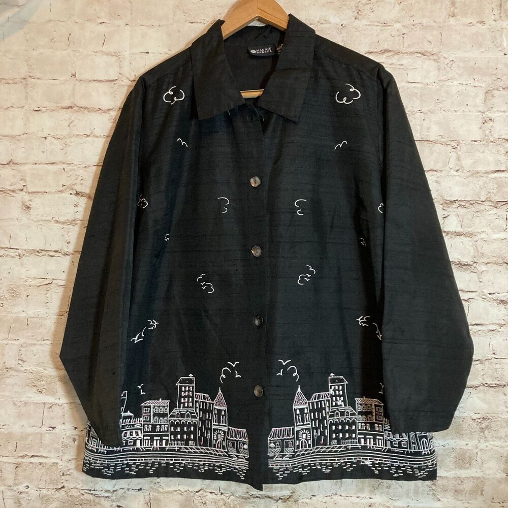 Maggie Barnes Top Womens 1X Silk Button Up Black Embroidered City Scene Plus